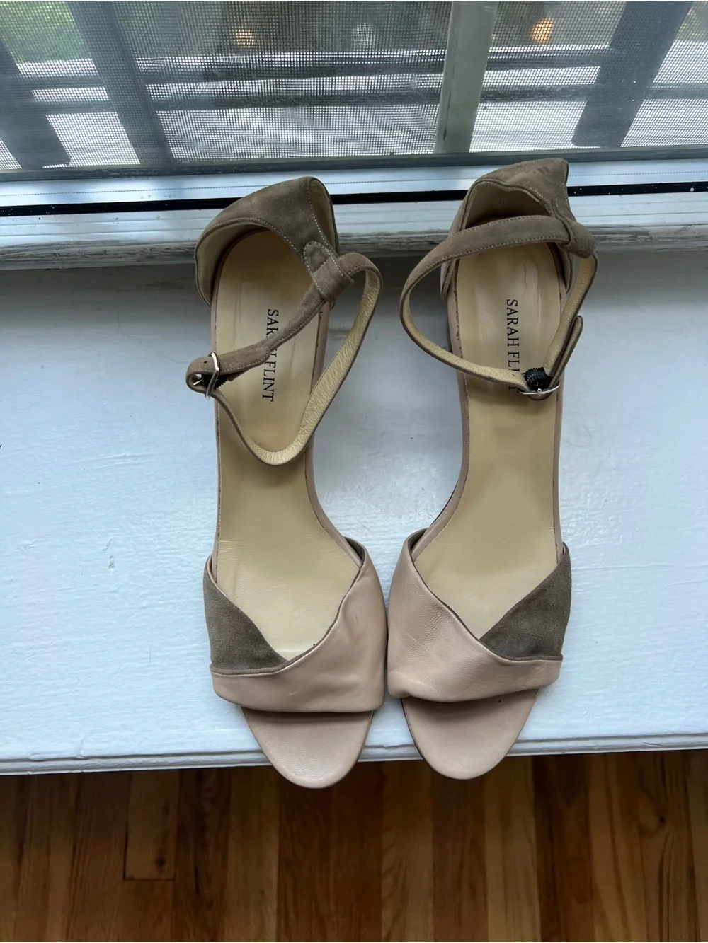 Sarah Flint Two-Tone Taupe & Beige Ankle-Strap Heels
